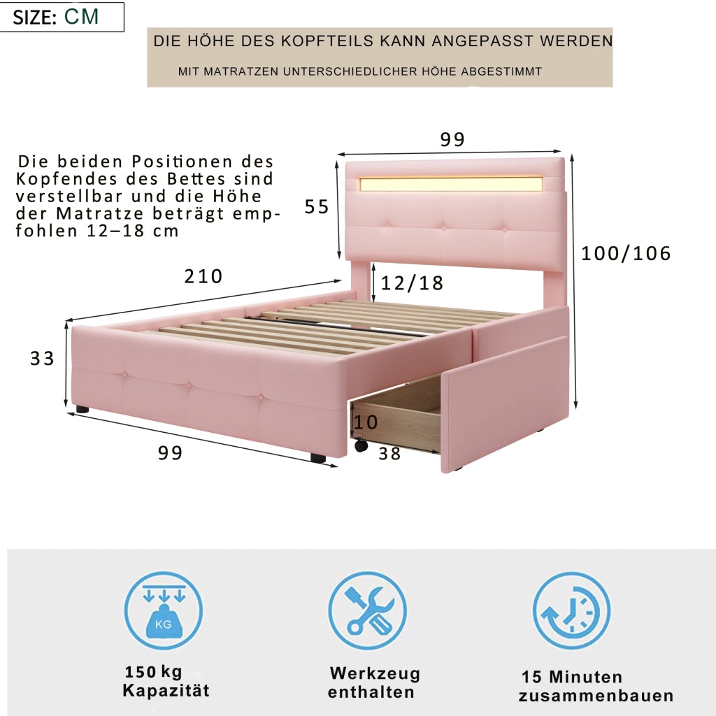 LETTO 90x200 cm Rosa con LED e 2 cassetti