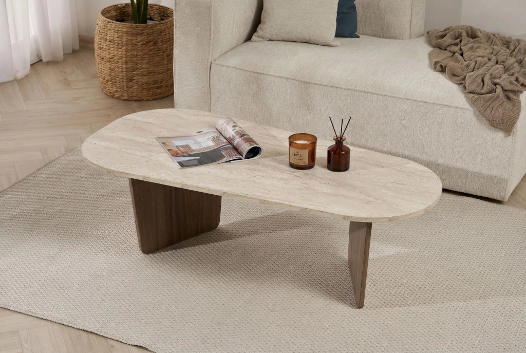 Tavolino in legno "Ovalis" - 130 x 65 x 40 cm - Travertino / Noce