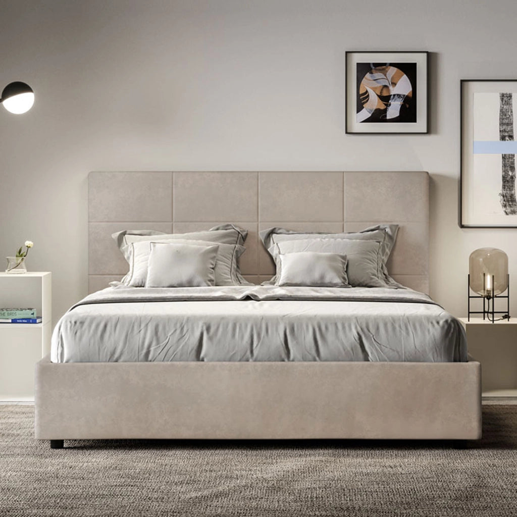 BS COM Letto matrimoniale francese contenitore imbottito 140x190 microfibra sabbia