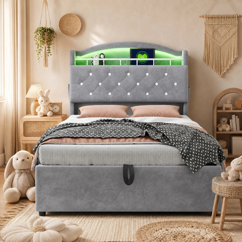 LETTO imbottito 90x200 cm in velluto grigio con contenitore, LED, USB e Type-C