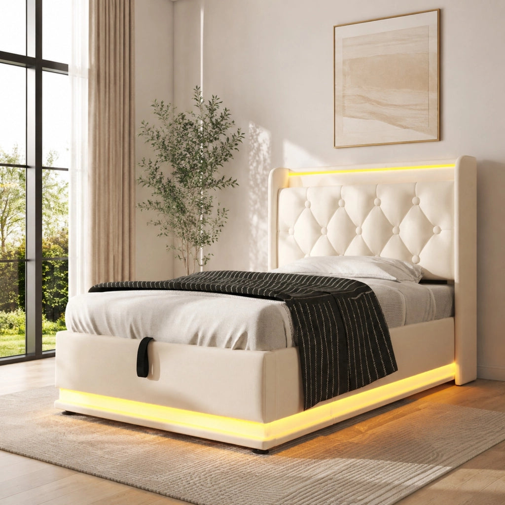 Letto singolo imbottito 90x200 cm in PU bianco con LED; USB e contenitore idraulico