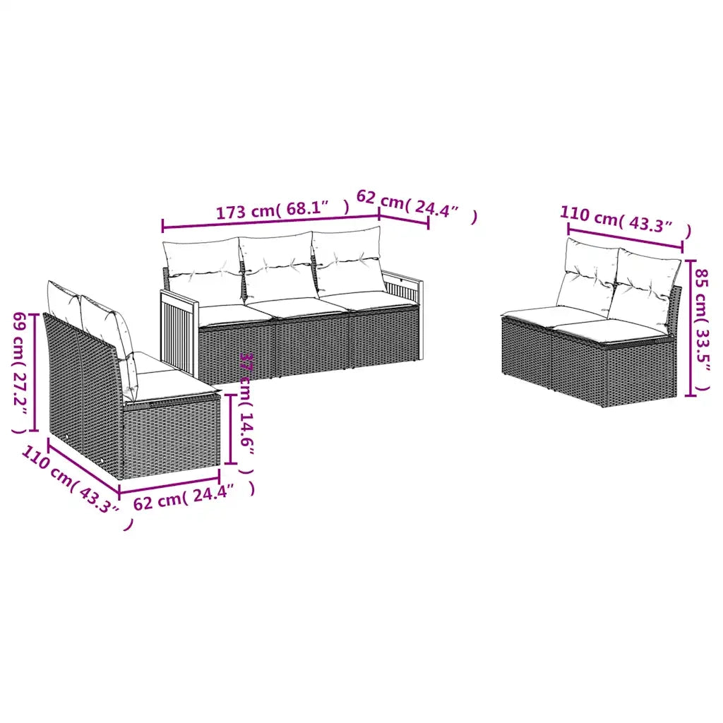 Set Divani da Giardino 7 pz con Cuscini Nero in Polyrattan 3227555