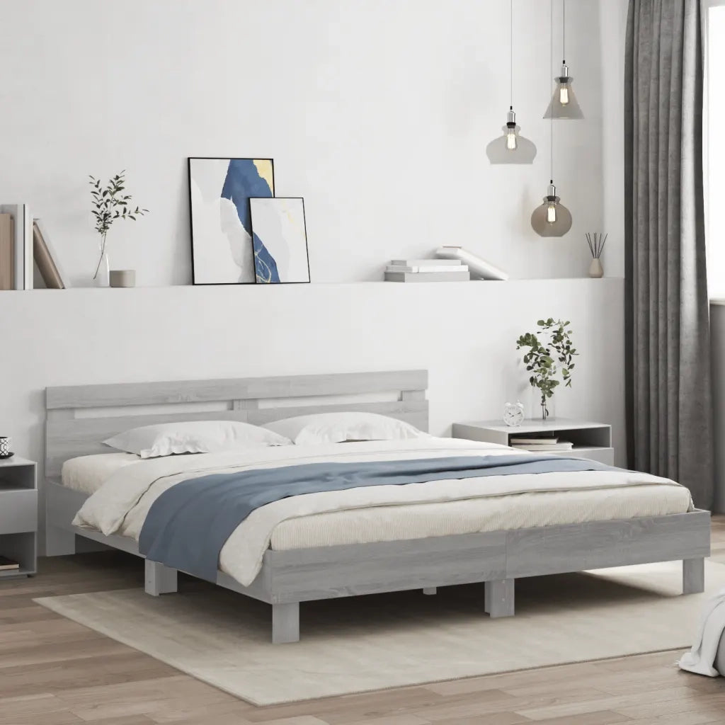 Letto matrimoniale | Letto per adulti | Giroletto con Testiera e LED Grigio Sonoma 160x200 cm