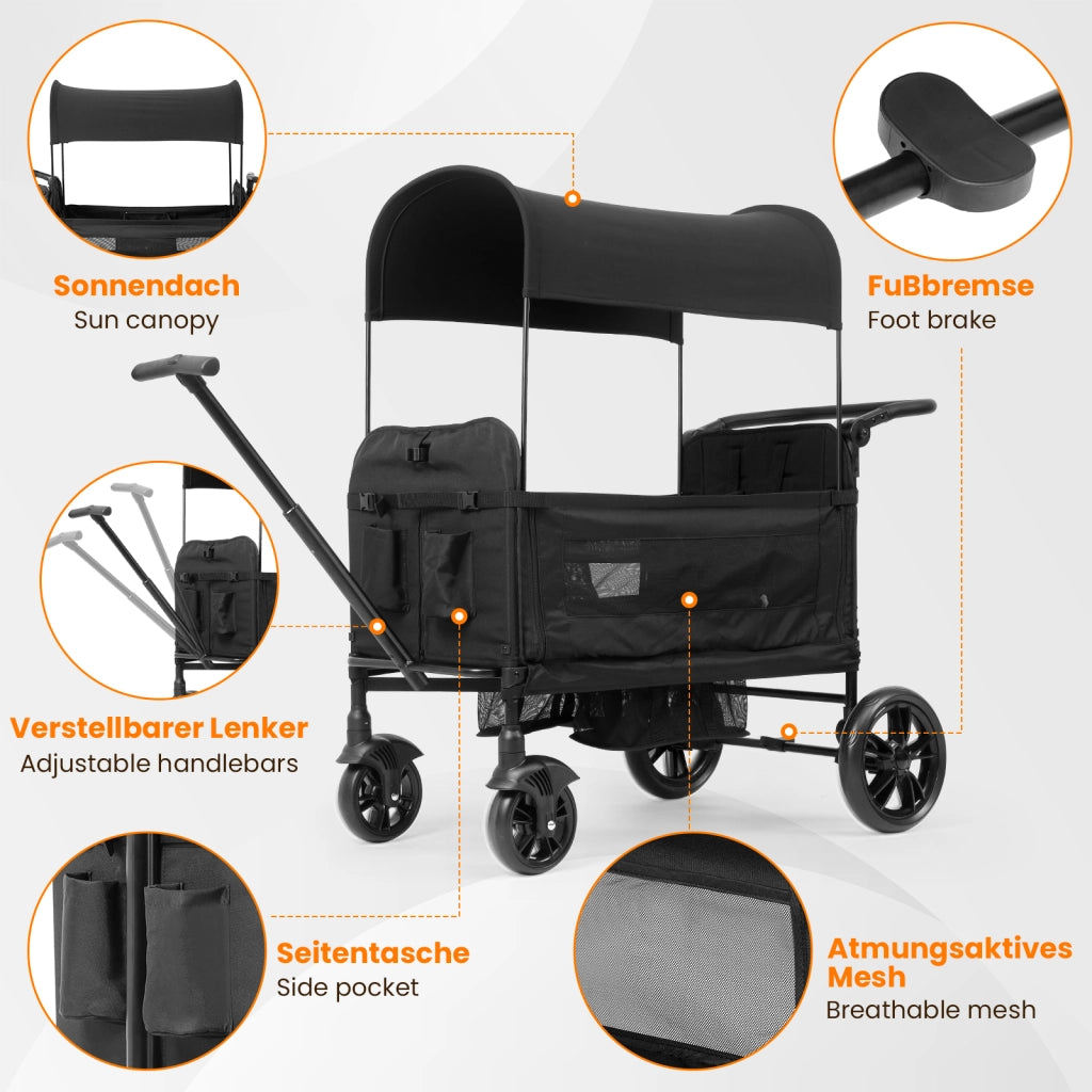 Carretto per bambini con sedile, carretto/passeggino pieghevole per 2 bambini, nero, maniglione imbottito regolabile in 8 posizioni, capottina parasol
