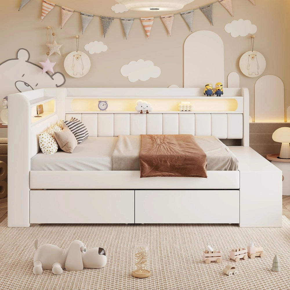 Letto Singolo Imbottito con Contenitore, USB, LED e Scarpiera ¨C Xylo ¨C Bianco 90x200