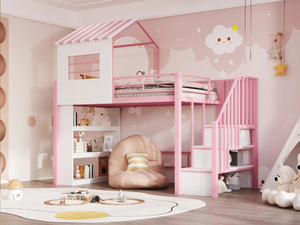 DESMIU Litto mezzanino bambino 90 × 200 cm 1 posto con scala contenitore e scaffali, senza materasso, in metallo, rosa