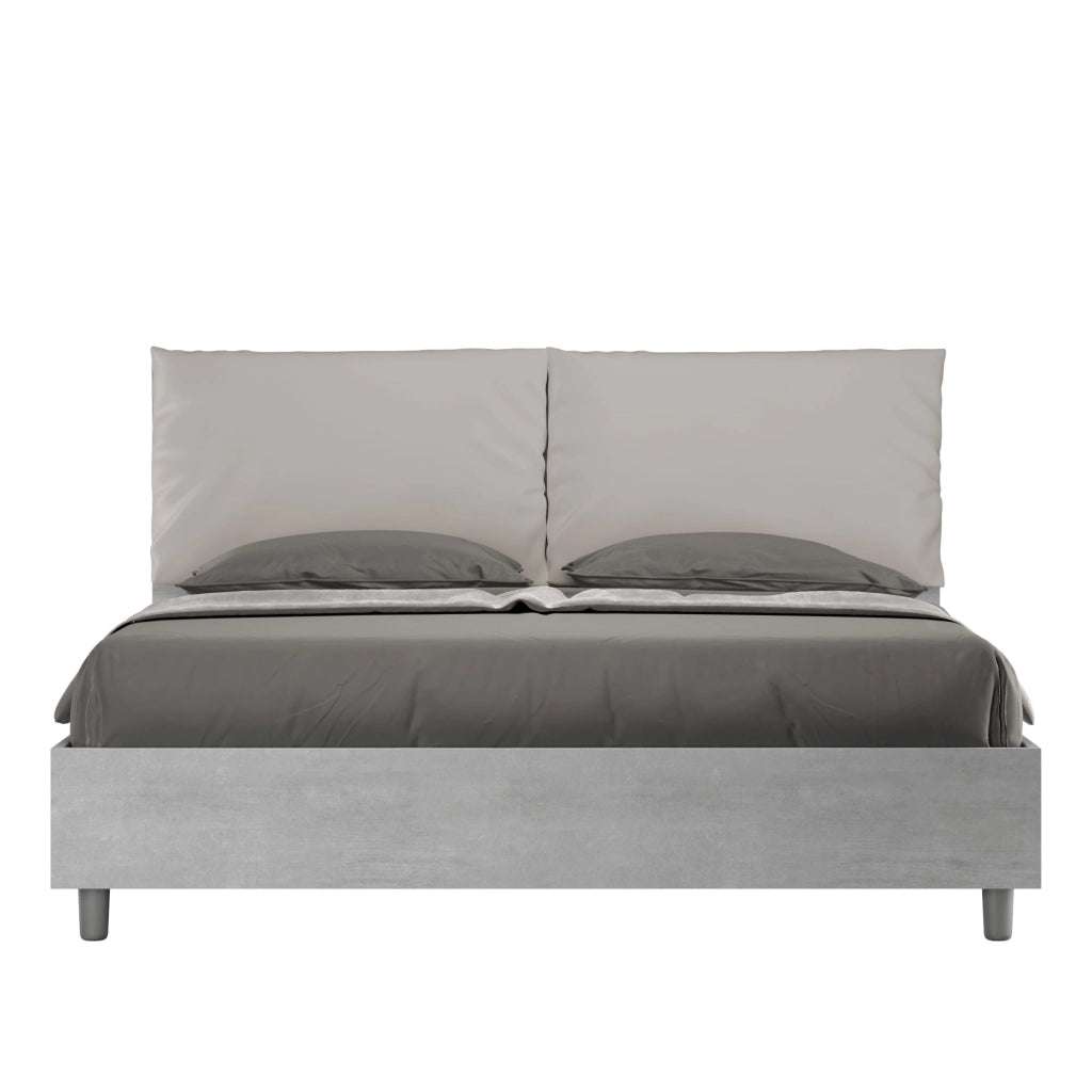 BS COM Letto matrimoniale contenitore doppia alzata 160x200 Cemento cuscini similpelle tortora
