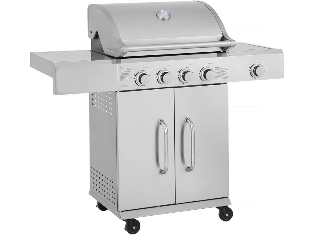Barbecue a gas in acciaio inox con 5 bruciatori di cui 1 laterale "Brazzo" - 118 x 57 x 104 cm - Grigio chiaro