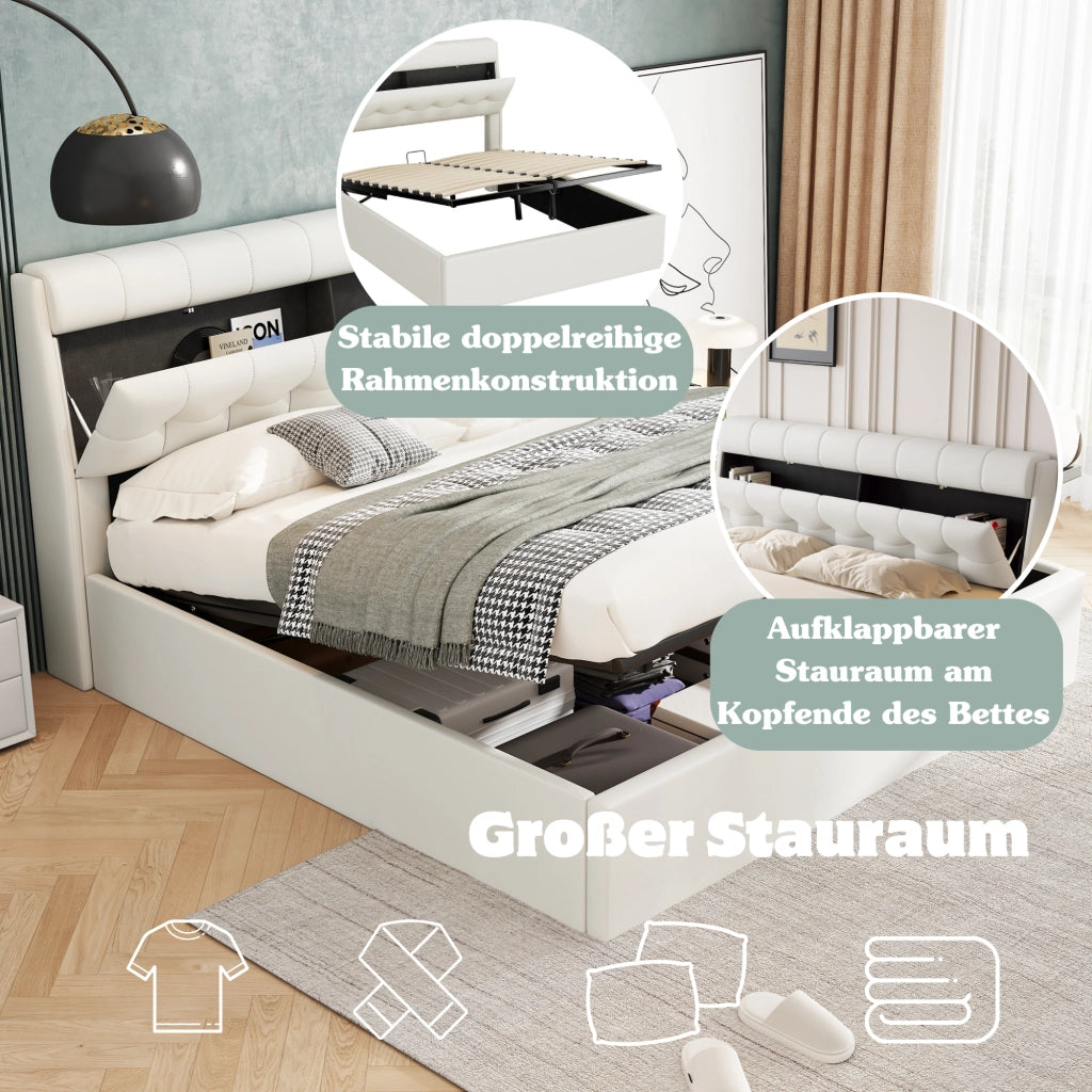 Letto imbottito con contenitore idraulico e testiera con vano nascosto; rivestimento in PU bianco; 160x200 cm; senza materasso