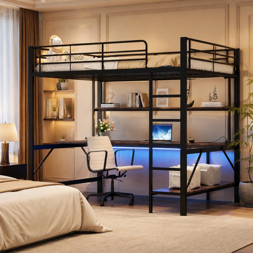 LETTO a soppalco 140x200 cm Metallo Nero con scrivania, ripiani, LED, USB