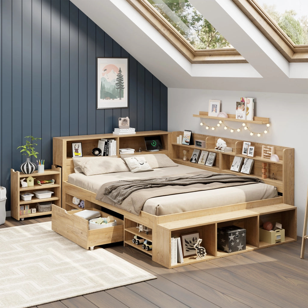 Letto Singolo 140x200 cm con Cassetti; Mensole e Contenitori - in Multistrato - Naturale