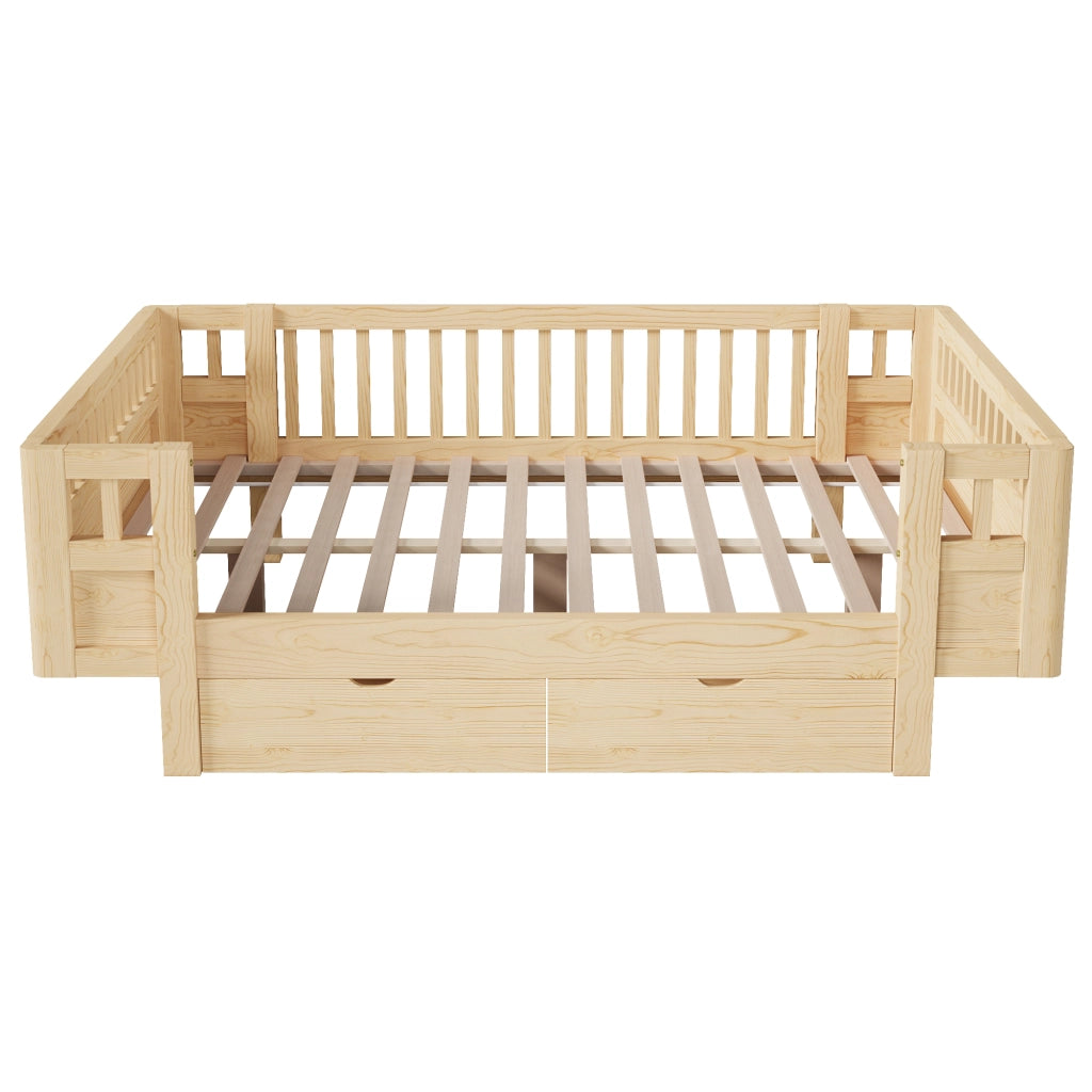 Letto per bambini singolo 90×200 cm con barriera di sicurezza e 2 cassetti; senza materasso; legno e MDF