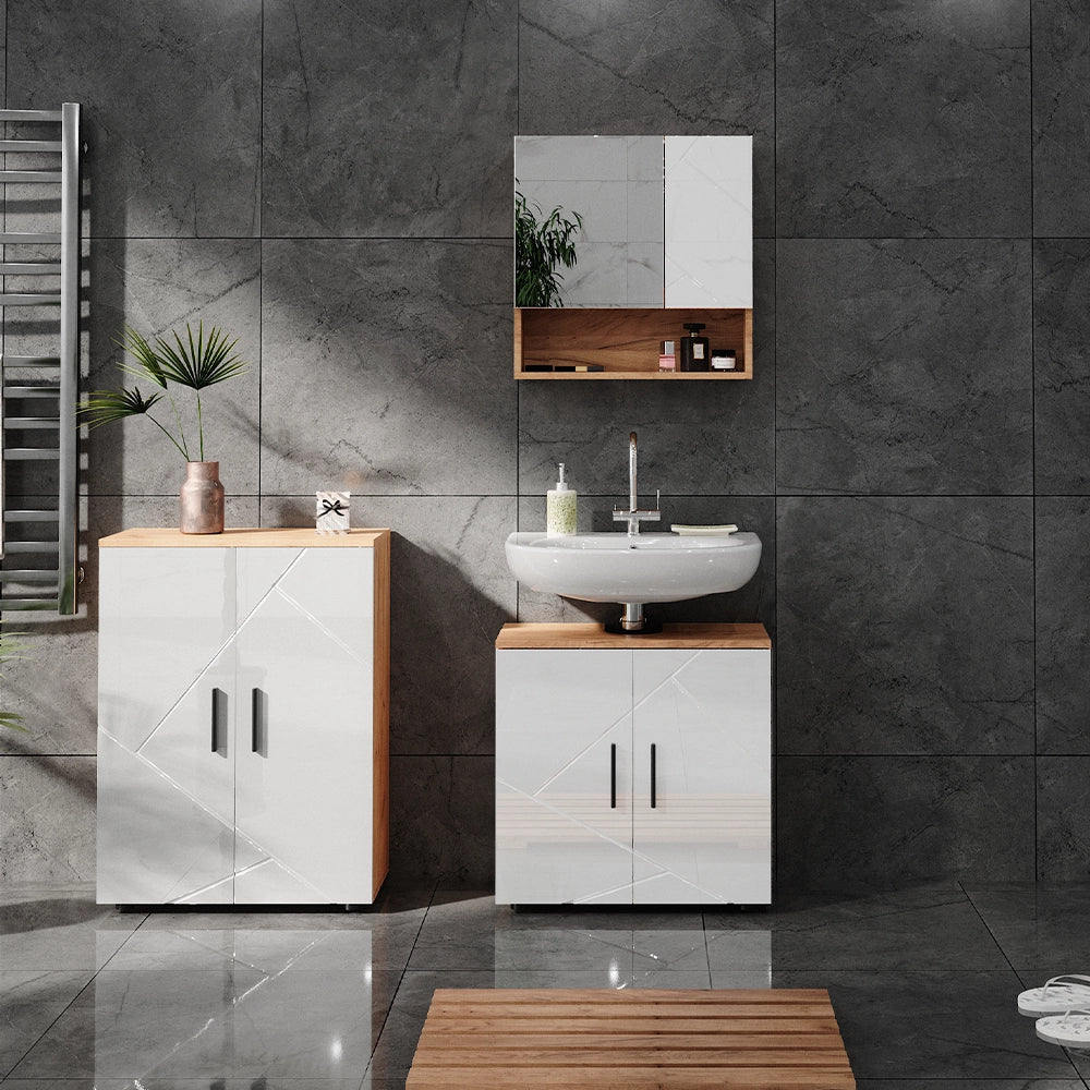 Vicco Set di mobili da bagno Bianco lucido/oro power oak 3 pezzi, con base 60 cm
