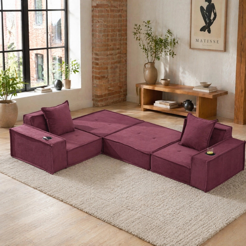 Pouf divano modulare in velluto a coste; 162x78x66 cm; rosso vino