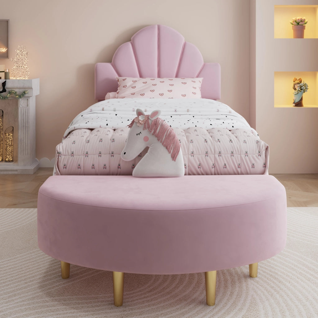 DESMIU Letto singolo 90 × 200 cm con panca coordinata, testiera in velluto, senza materasso, rosa