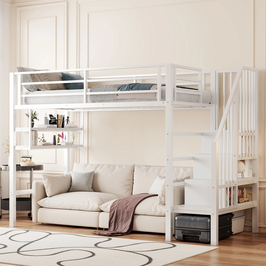 LETTO A CASTELLO 90x200 cm con ripiani, scala contenitore, bianco