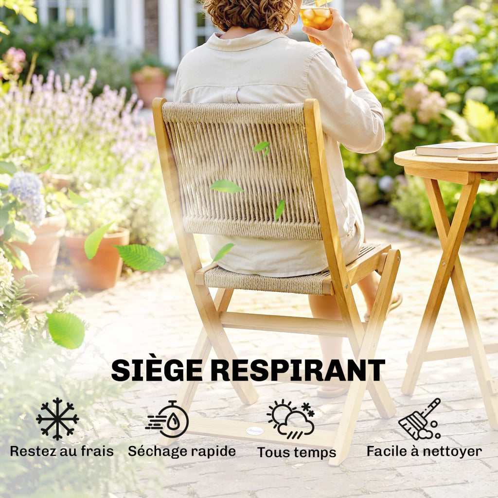 Tavolo da pranzo rotondo allungabile con sedie pieghevoli ¨C zephmum ¨C legno acacia, corda PP, naturale
