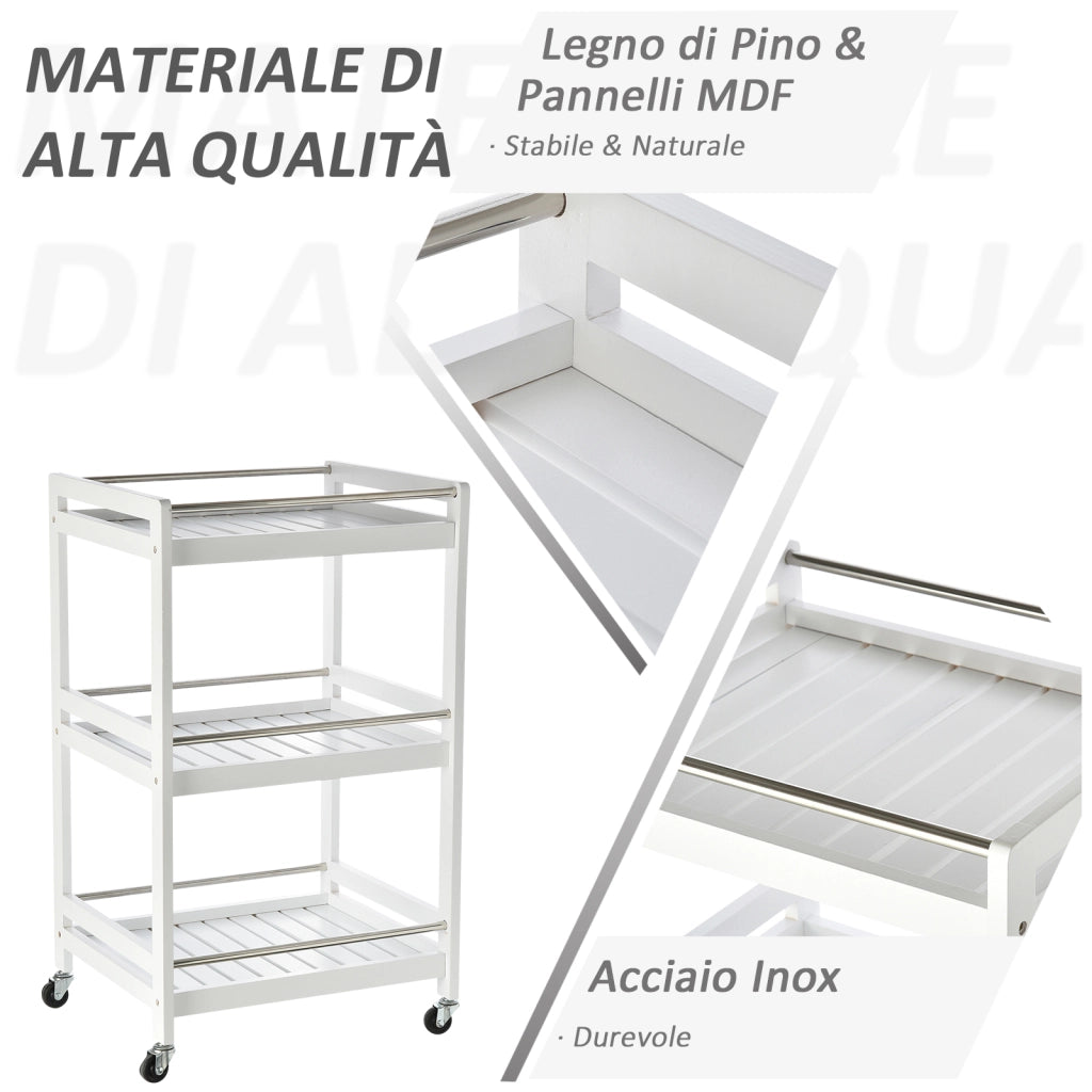 Carrello da Cucina Portavivande ¨C Xylo ¨C Legno Bianco 3 Ripiani con Ruote 45x38x78cm
