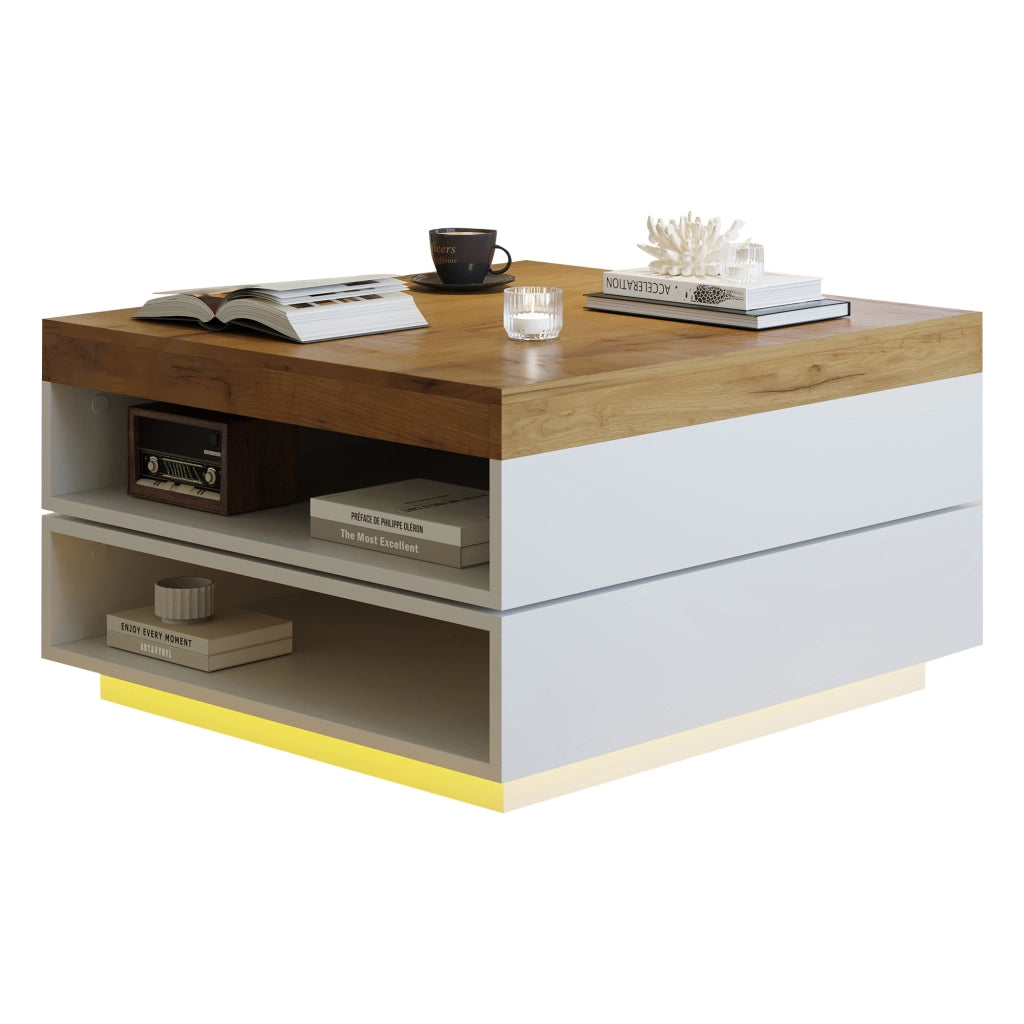 Tavolino quadrato 65¡Á65¡Á40 cm con piano girevole a 360¡ã, illuminazione LED e ripiani aperti, Bianco + effetto legno
