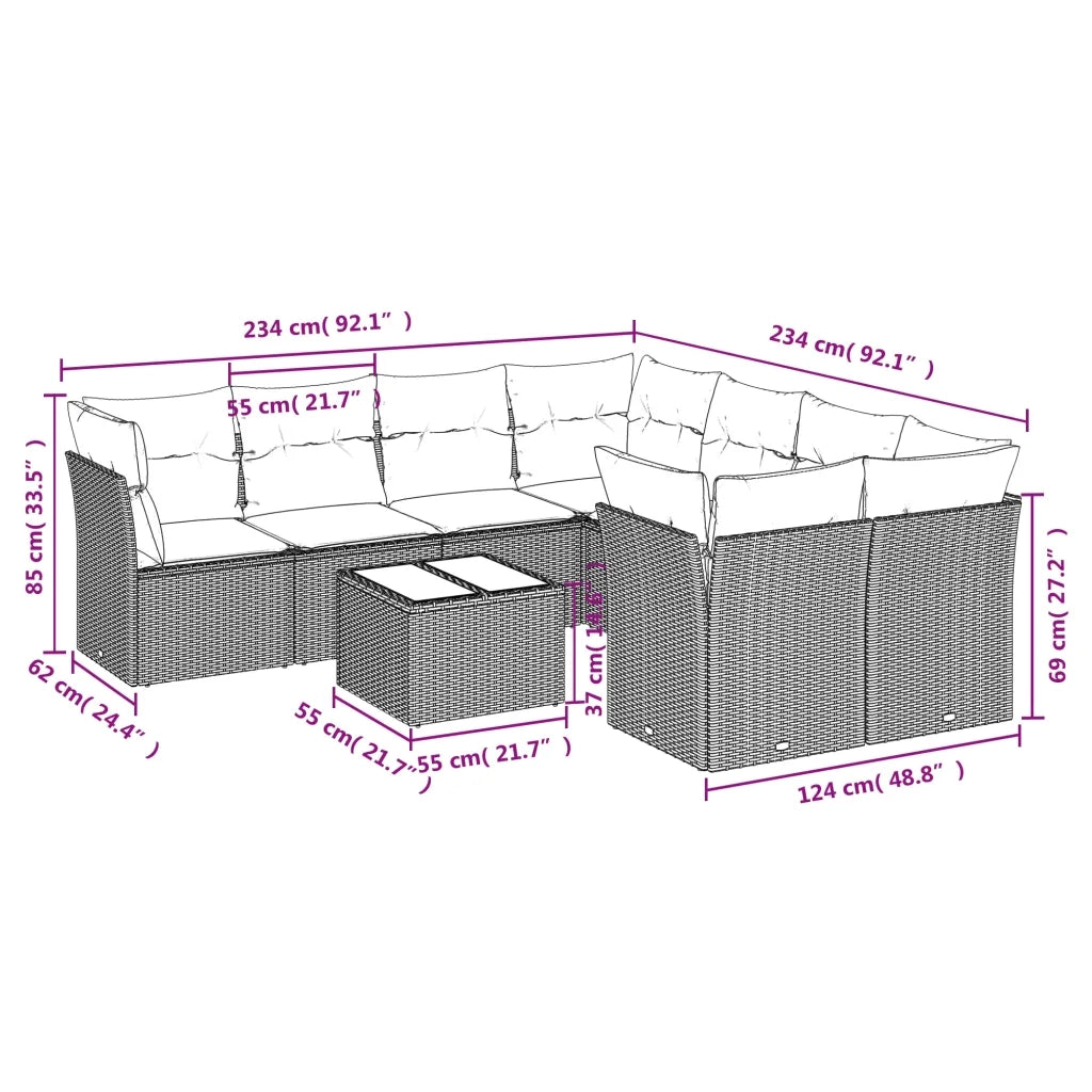 Set Divano da Giardino 9pz con Cuscini Grigio Chiaro Polyrattan