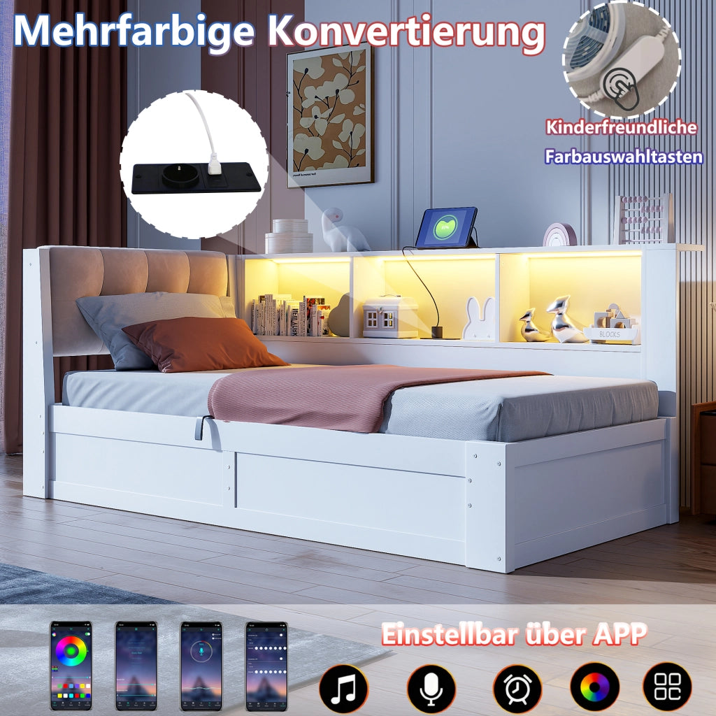LETTO Contenitore laterale 90x200 cm Bianco con USB e LED