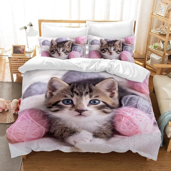 Set di coperte per letto, 135 x 200 cm, per bambini, 3D animale, gatto, microfibra, coperta a tema animale rosa, set, letto per bambini decorativo