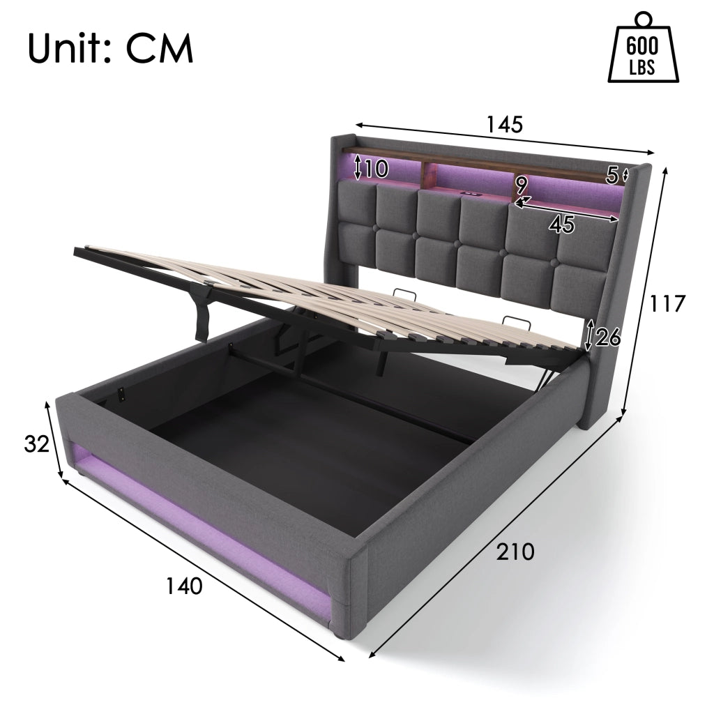 Letto matrimoniale contenitore 140×200 cm con LED; USB; testiera imbottita e materasso incluso; grigio