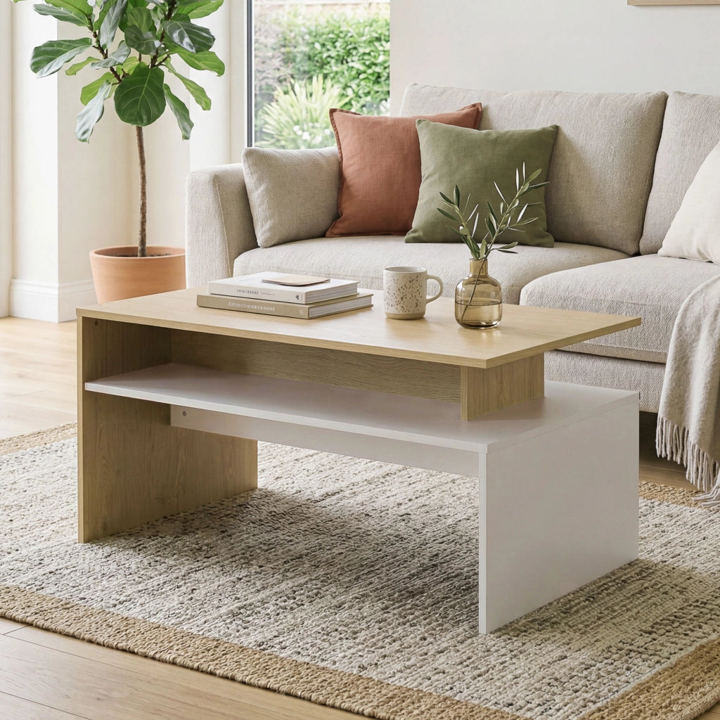 Tavolino da Salotto Bicolore con Mensola Asimmetrica ¨C zephmum ¨C Legno Naturale e Bianco 95x55x50 cm