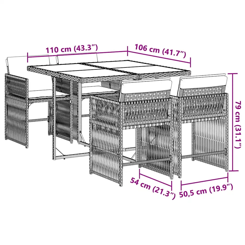 Set da Pranzo da Giardino 5 pz con Cuscini in Polyrattan Grigio