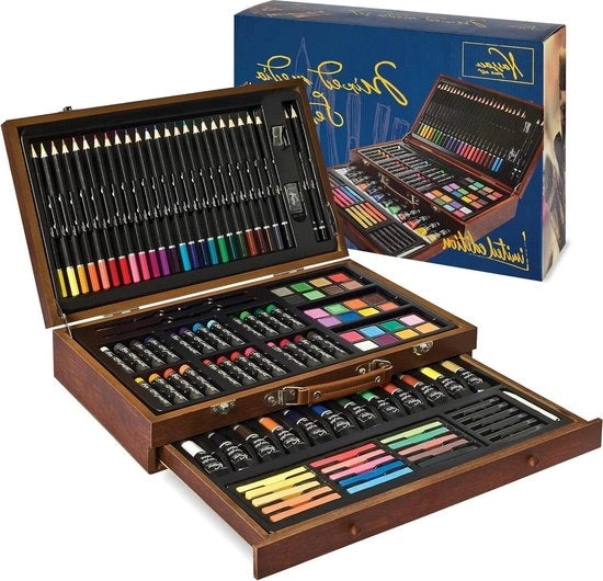 Scheda di pittura professionale XXL con matite colorate e graffette da disegno in un contenitore di grandi dimensioni.