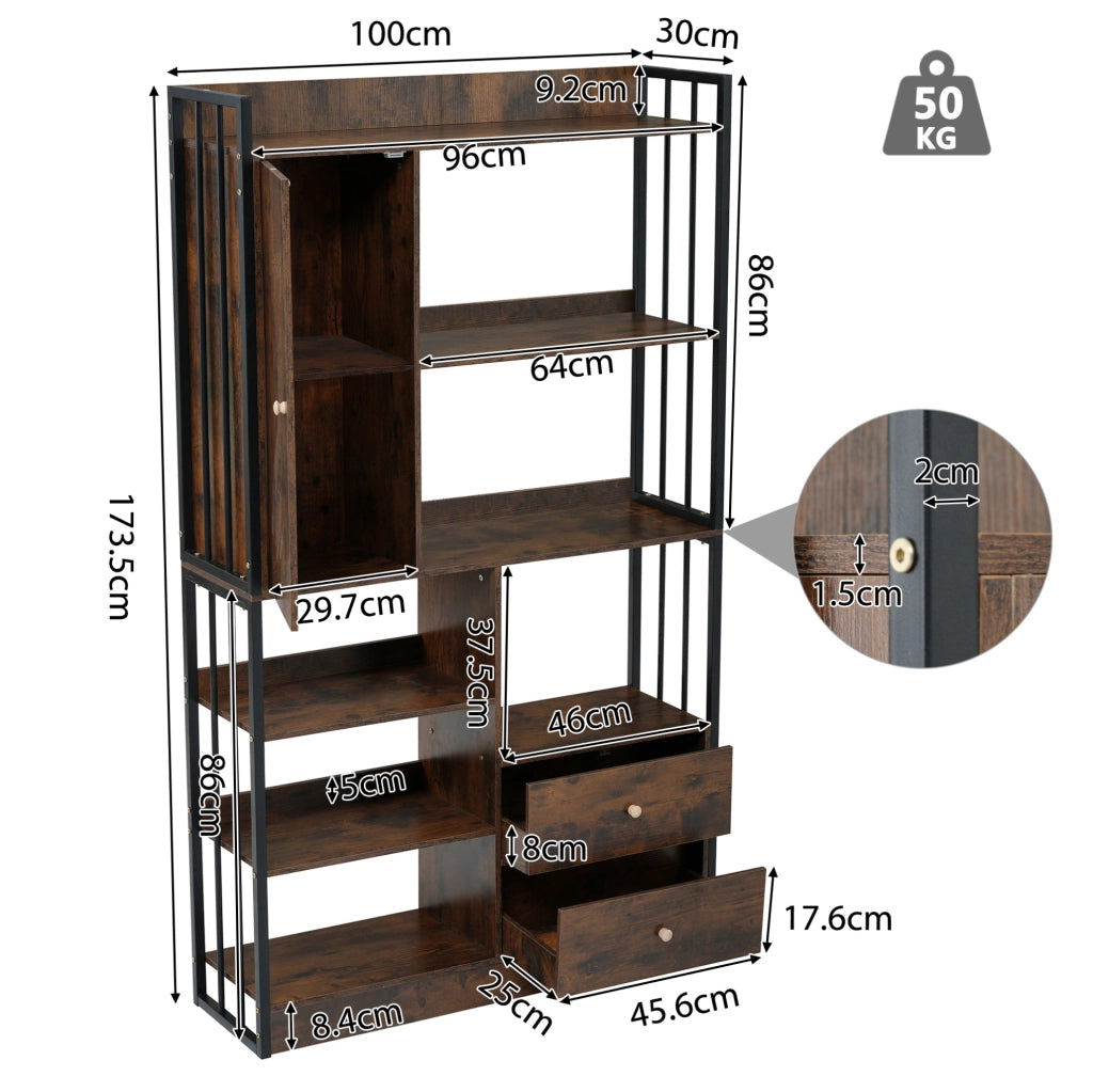 Libreria 100.0x30.0x173.5 cm con cassetti e armadietti in pannello truciolare marrone e nero