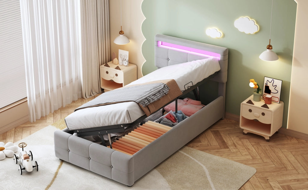 DESMIU Letto contenitore 90 × 200 cm 1 posto con LED, vano idraulico, testiera regolabile, senza materasso, in velluto, grigio