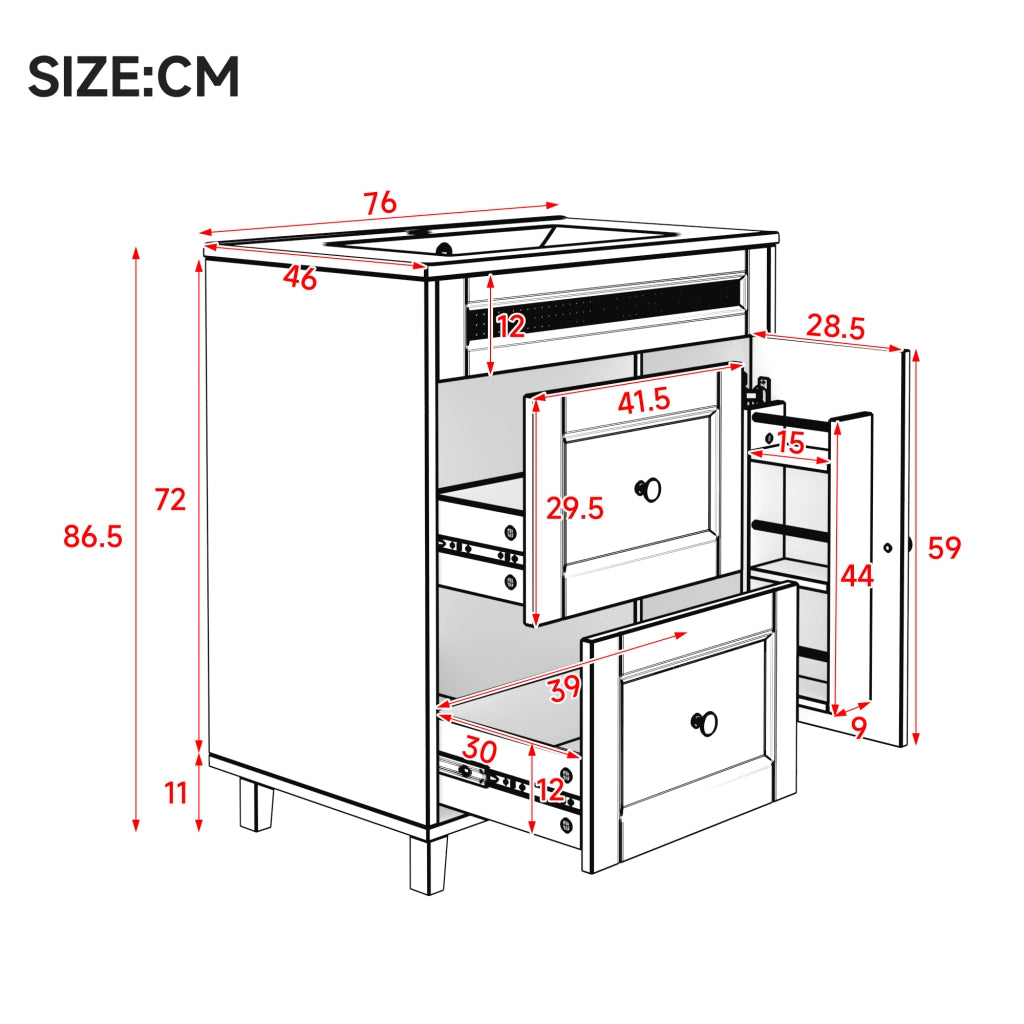 Mobile Sottolavabo da Bagno con Lavabo in Ceramica ¨C MINIMAL ¨C Nero, Cassetti, Ante, 76x46x87