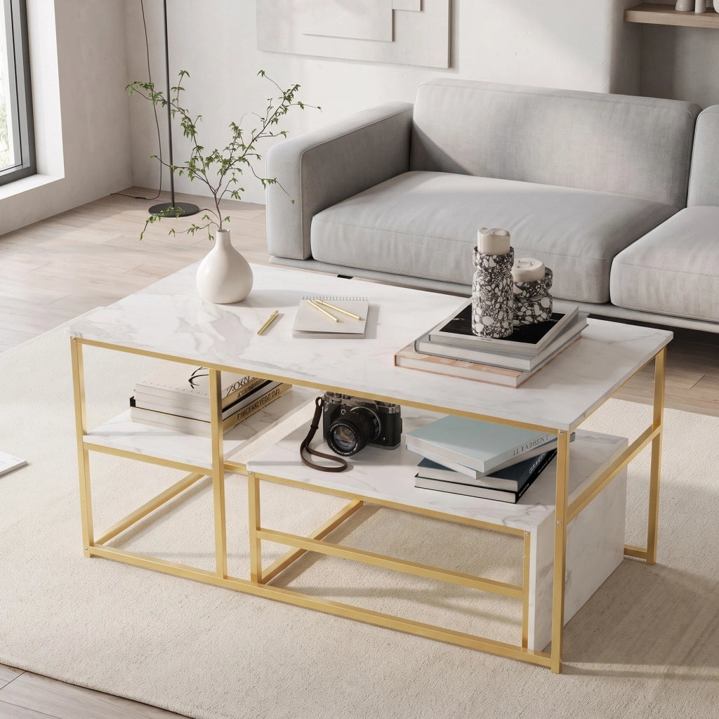 Tavolini da salotto set 2 pezzi 105x52x48,5 cm tavolino pieghevole sovrapponibile con contenitore effetto marmo metallo - bianco e oro