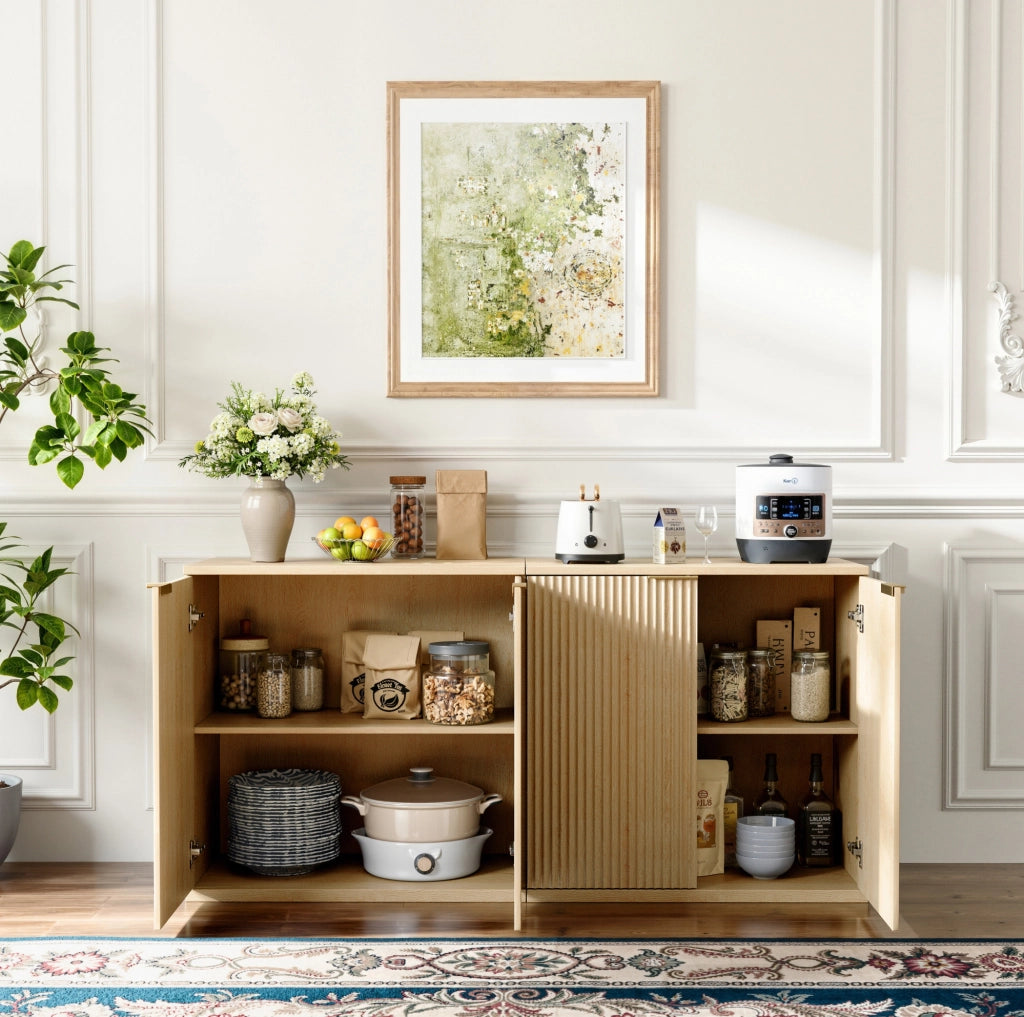 Sideboard a 2 ante con frontale scanalato; 80x40x80 cm; in MDF effetto rovere