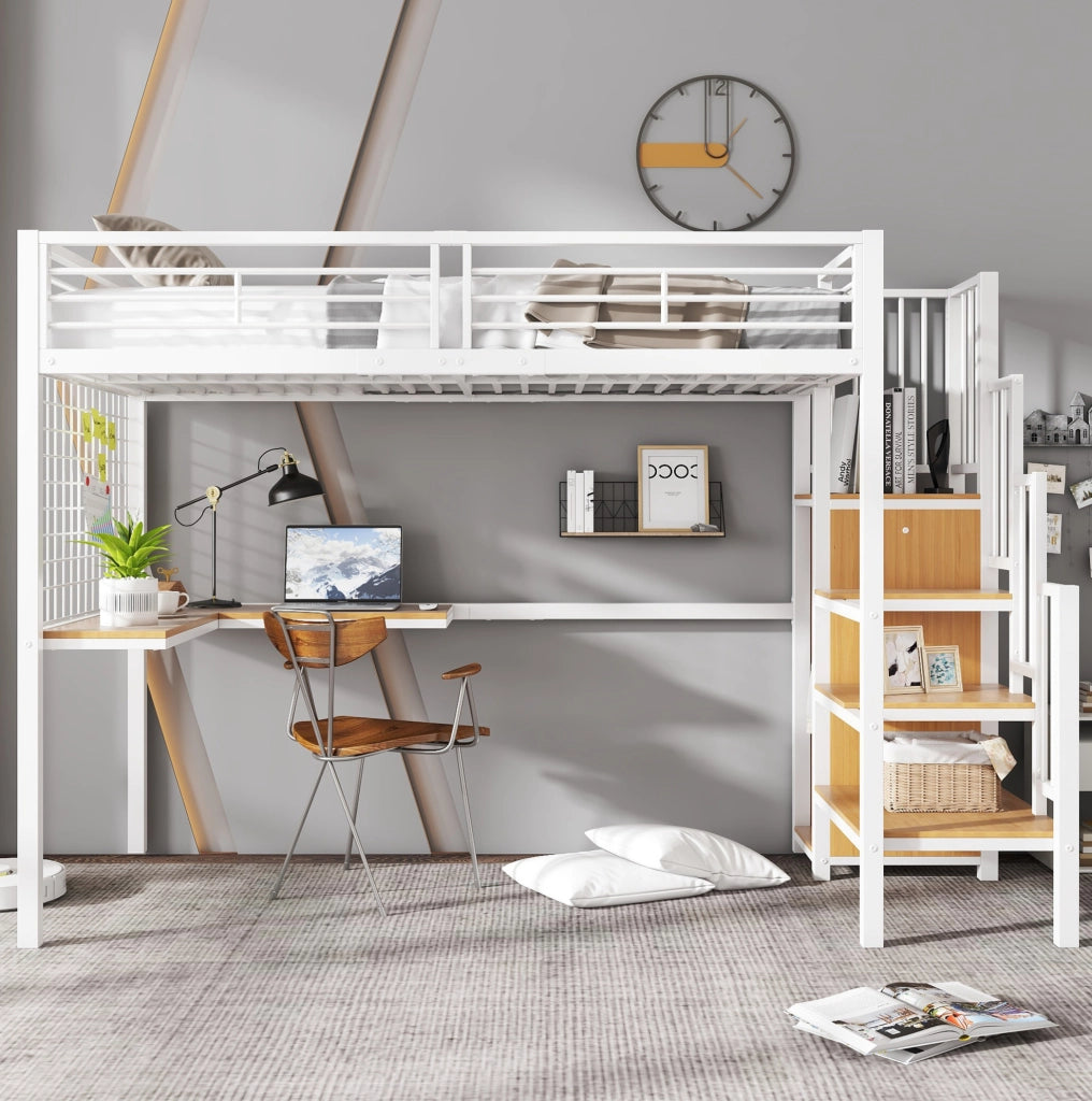 Letto a soppalco in metallo con armadio integrato e scala laterale, 90x200 cm