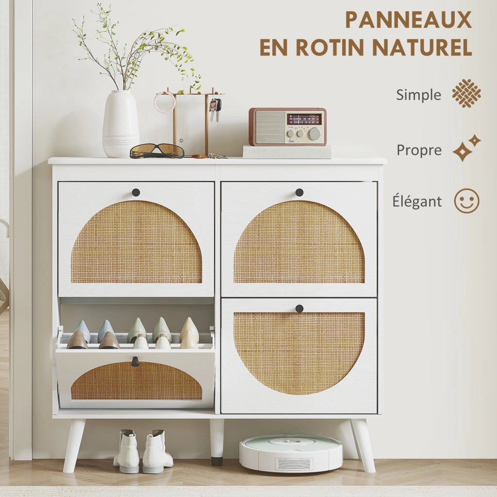 Scarpiera 4 ante 20 paia ripiani regolabile stile bohemien legno massello 105x24x97.5 cm bianco ¨C Minimal