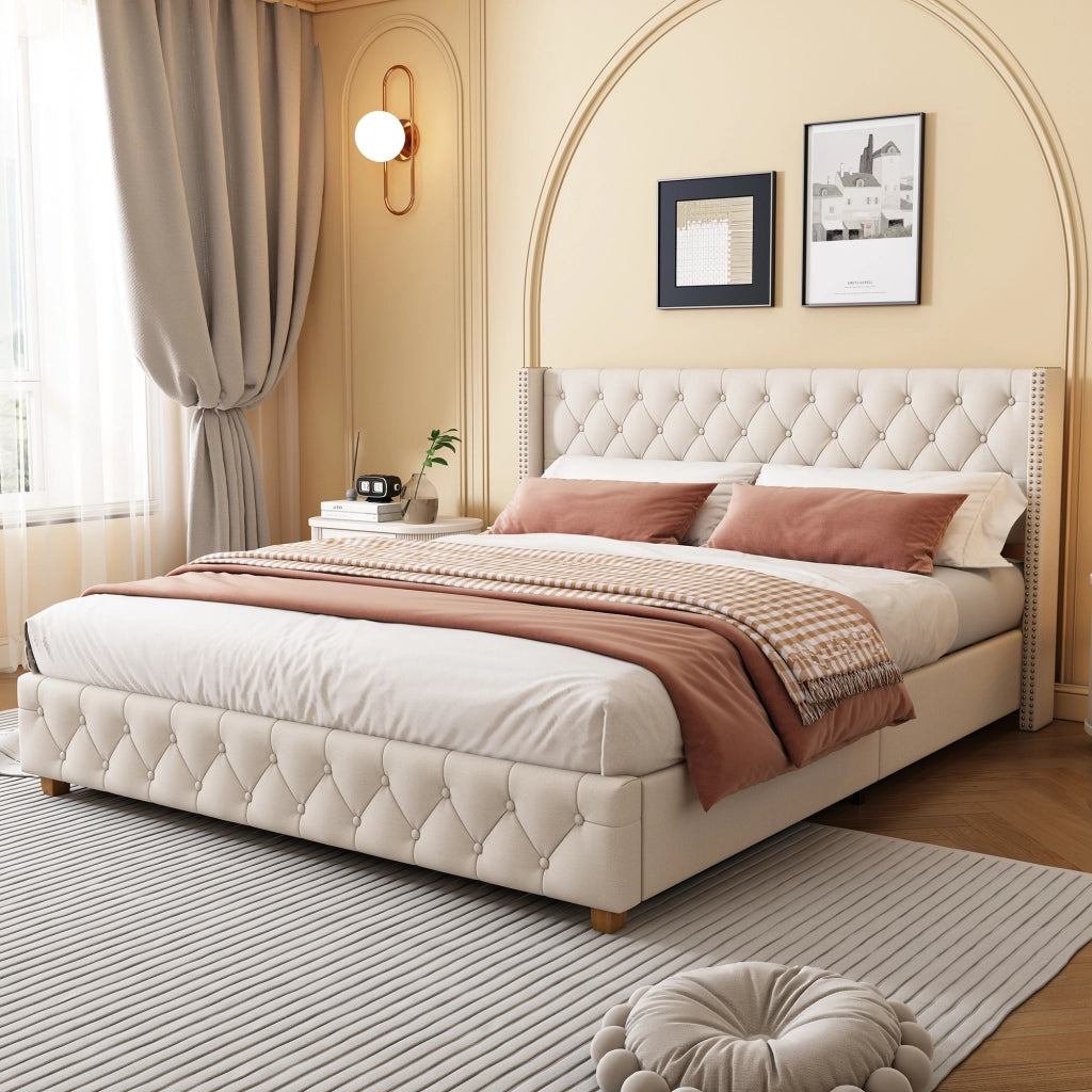 letto capitonné lino beige 140 x 190 cm