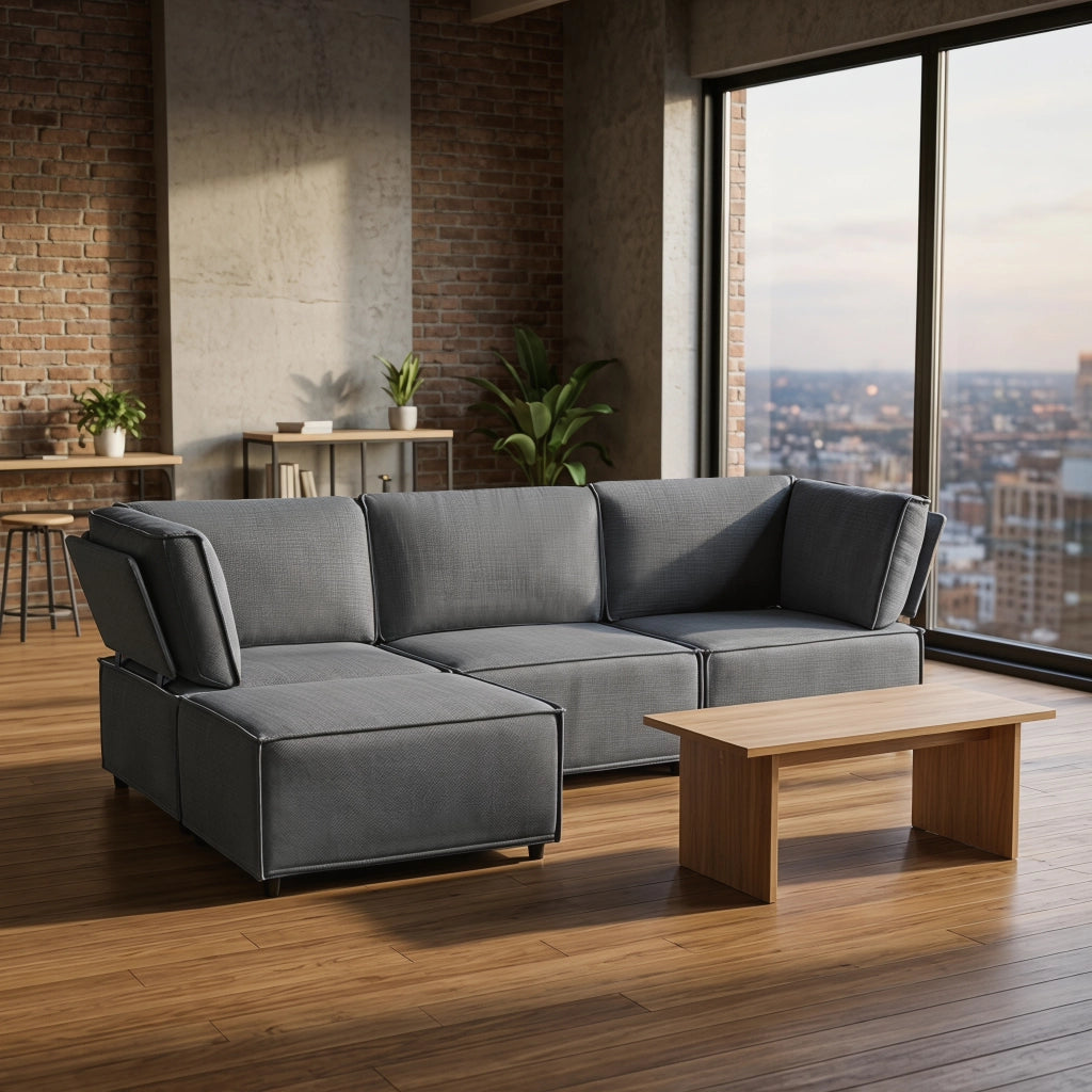 Divano modulare componibile con funzione letto e configurazione flessibile per soggiorno in tessuto grigio scuro
