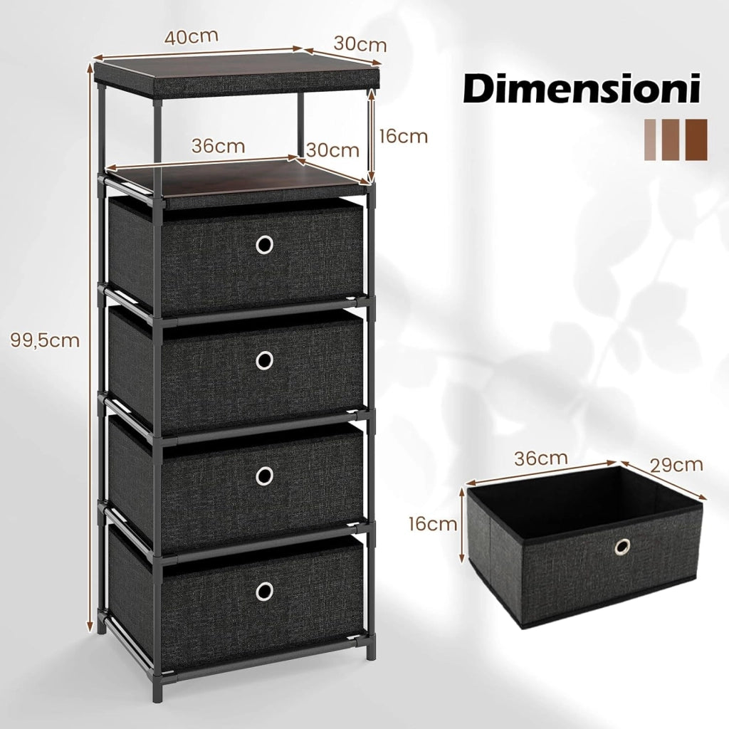 Cassettiere in Tessuto con 3 Cassetti Pieghevole, Comò Camera da Letto con Struttura in Metallo, Armadietto Moderno Salvaspazio per Soggiorno, Ufficio e Corridoio (40 x 30 x 99,5 cm)