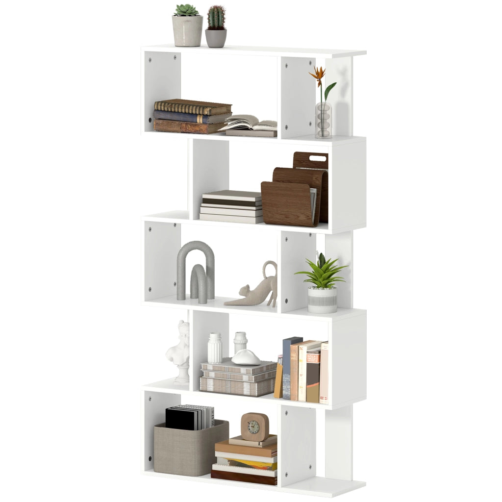 Libreria Asimmetrica a S a 5 Livelli con 10 Ripiani Aperti, in Legno, 80x24x159 cm, Bianco