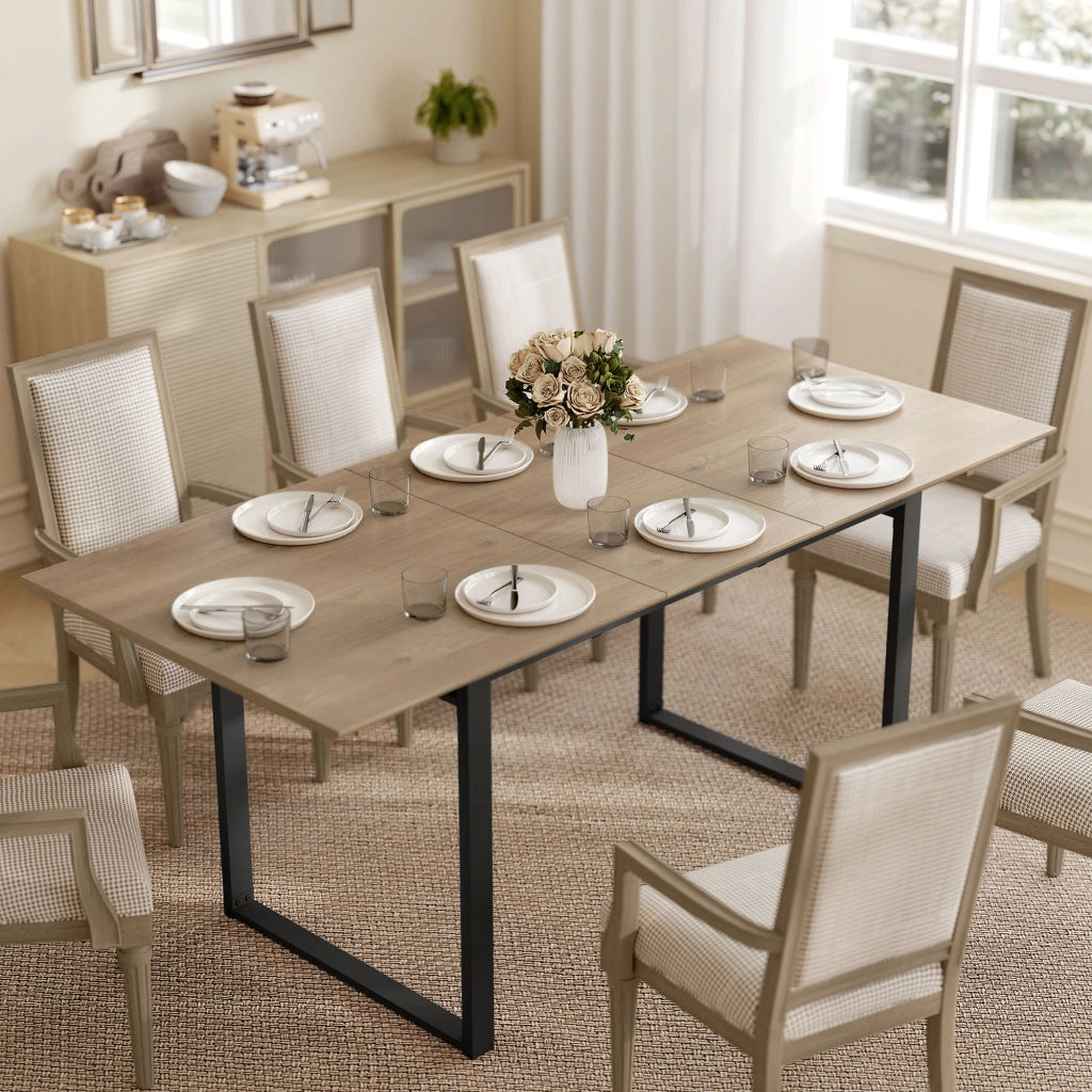Tavolo da Pranzo Industriale per 6-8 Persone con Ribalta Rotonda. in Legno e Acciaio. 180x80x75 cm