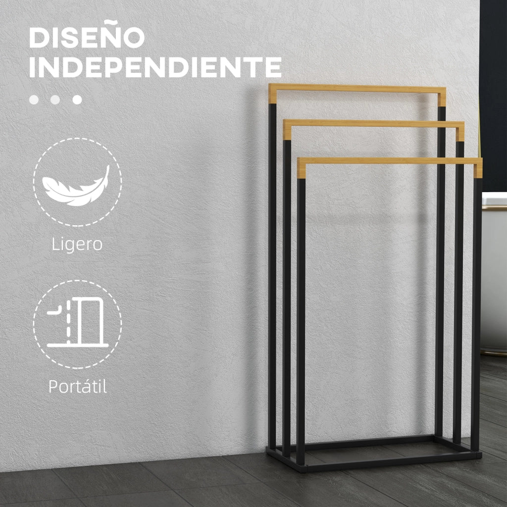 Portasciugamani a Terra con 3 Barre ¨C Xylo ¨C Bamb¨´ e Acciaio Nero 45x22,5x86 cm