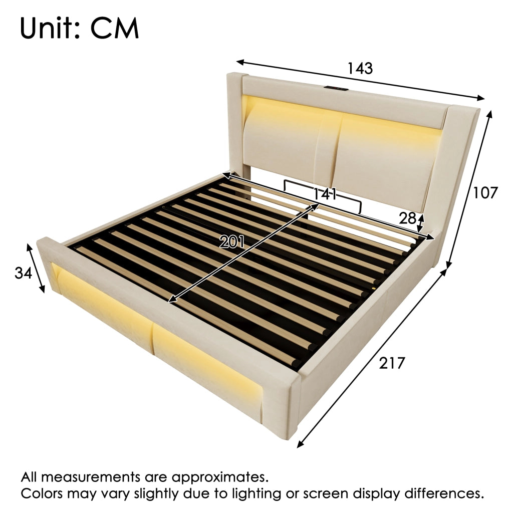 DESMIU Letto Contenitore 140 × 200 cm 2 Posti con LED, USB, Type-C, Contenitore Idraulico, senza Materasso, in Velluto Beige