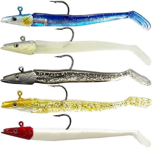 Set di Kunstaas 5-Pack - Plastica Sottile Kunstaas - Swimbaits con Coda a Remo - Jerk Aas - Attraente per Pesci Predatori - Effetto a Luce emessa - Vishaak