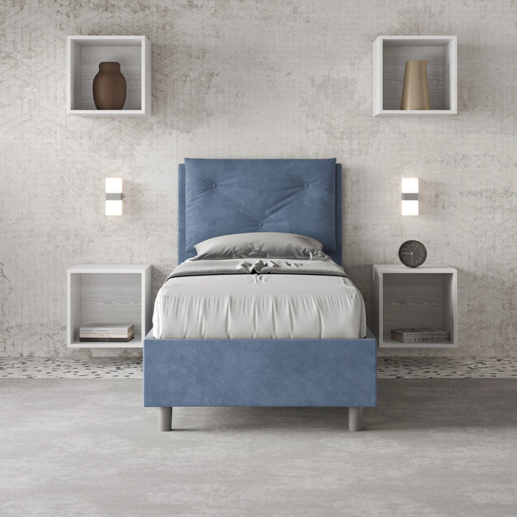 BS COM Letto singolo con rete imbottito 80x190 microfibra blu