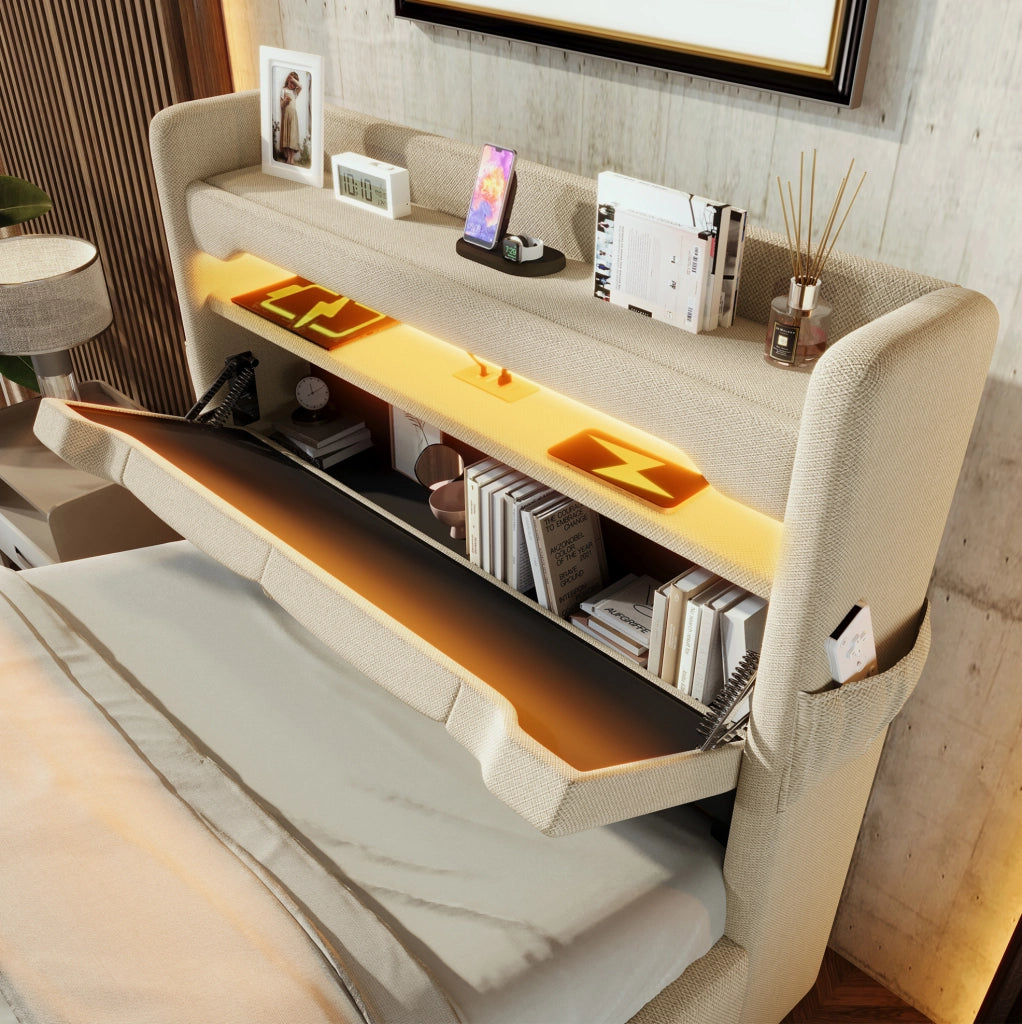 Letto imbottito 90x200 con materasso, LED, USB e vano contenitore