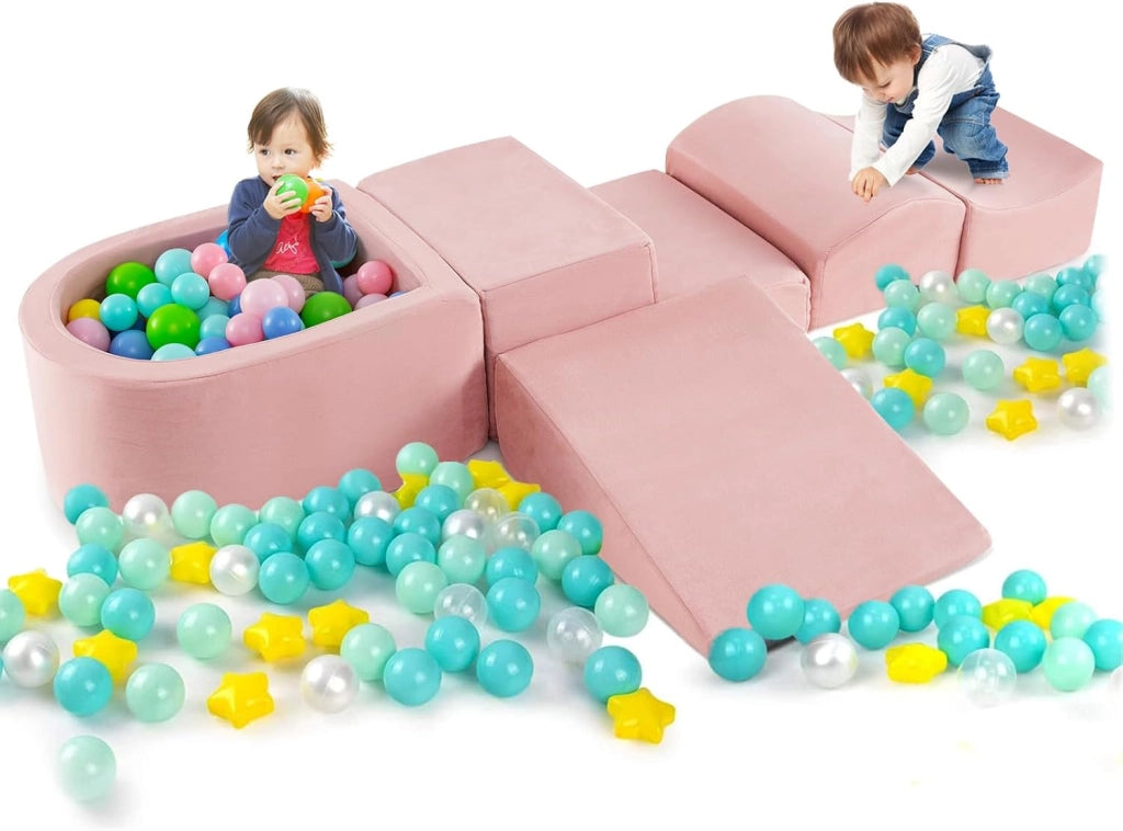 Set di 5 Pezzi Gioco in Schiuma, Blocchi con Piscina di Palline per Bambini, Coperture Lavabili con Cerniere, Blocchi Creativi per Stanza di Giocattoli, Camera da Letto (Rosa)
