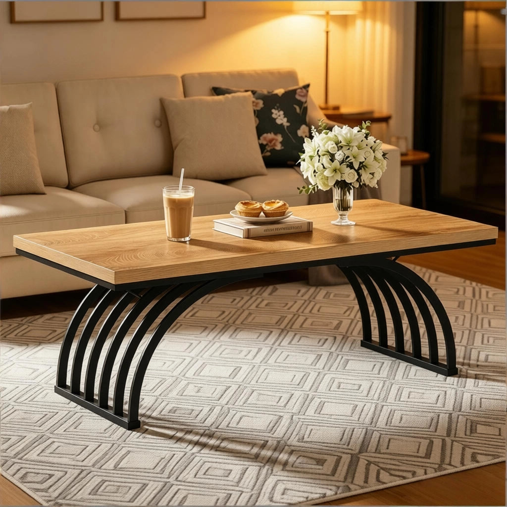Tavolino da salotto con piano da 120 cm e struttura in metallo; design aperto per soggiorno; nero e marrone