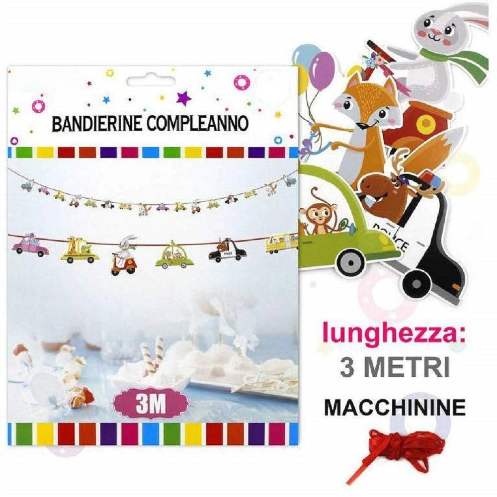Trade Shop - Festone Scritta Buon Compleanno Bandierine Auto Animali 3mt Molletta Compleanno Party -